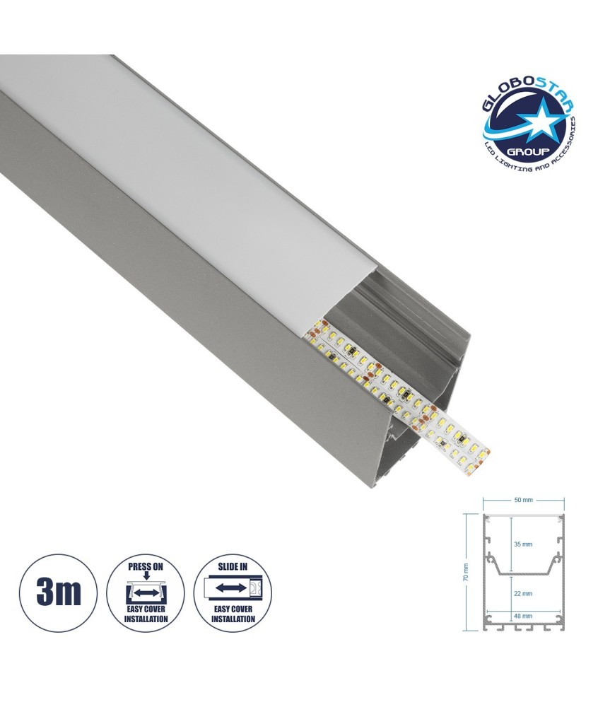 GLOBOSTAR® ALP-LINEAR BRIGHTRAIL 61776-3M Επιφανειακό - Κρεμαστό - Επιτοίχιο Προφίλ Αλουμινίου με Λευκό Γαλακτερό Πατητό Κάλυμμα για Ταινίες LED IP20 - Γκρι Ανθρακί Ματ - Μ300 x Π5 x Υ7.5cm